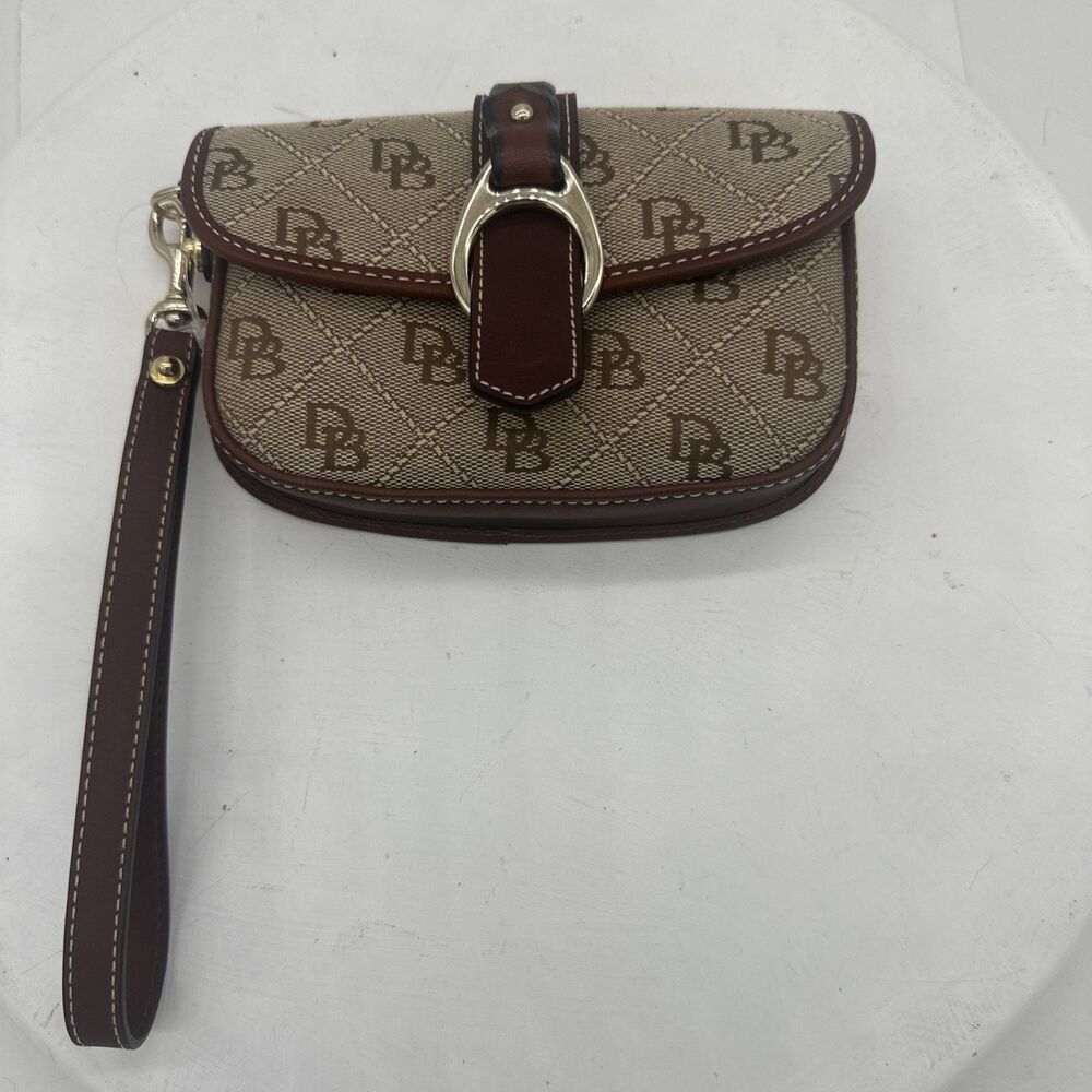 Dooney & Bourke Monogram Woman's Tan and Brown Signature Jacquard Flap Wristlet